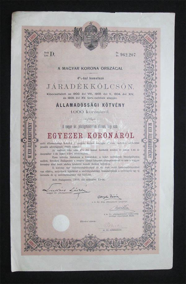 Államadóssági kötvény járadékkölcsön 1000 korona 1910